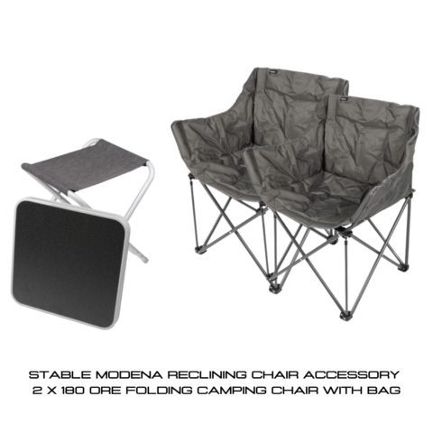 2 x DOMETIC TUB 180 ORE FOLDING CAMPING CHAIR WITH BAG + STABLE MODENA RECLINING CHAIR ACCESSORY